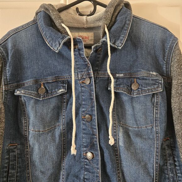 Mossimo Supply Co Denim Jean Jacket Hoodie XXL Blue Gray Knit Sleeves Casual - Picture 3 of 10
